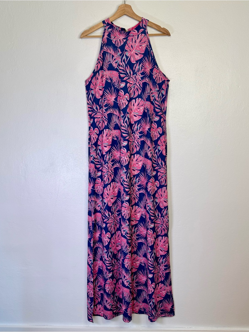 Simply Southern Paradise Halter Maxi Dress Navy & Pink Tropical Print Sz Medium